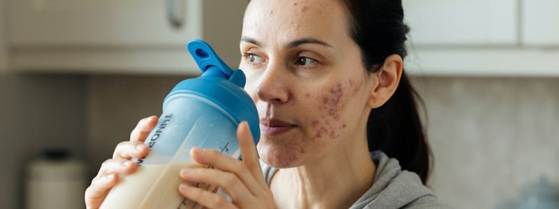 Vrouw met acne houdt blauwe drinkfles met zuivel vast
