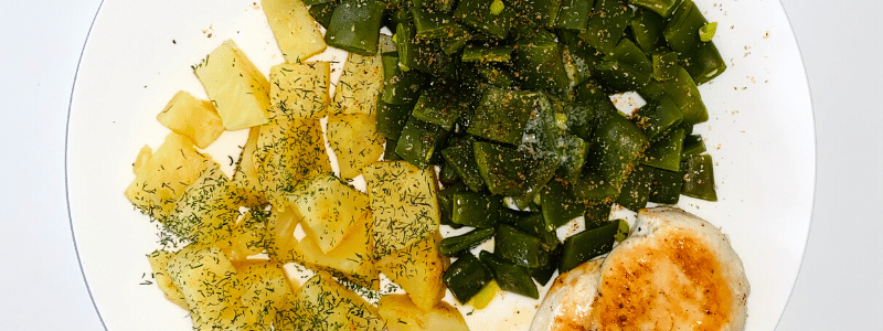 Knolselderij, snijbonen, kip en Umepasta