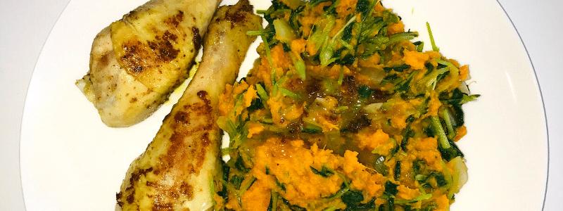 Stamppot raapsteeltjes ui bataat met kipdrumsticks