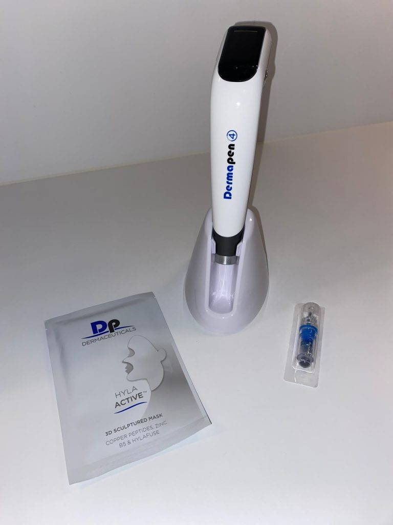  Dermapen 4 microneedling apparaat met naaldcartridge en Hyla Active masker van DP Dermaceuticals bij BB-Huidverbetering in Haarlem 