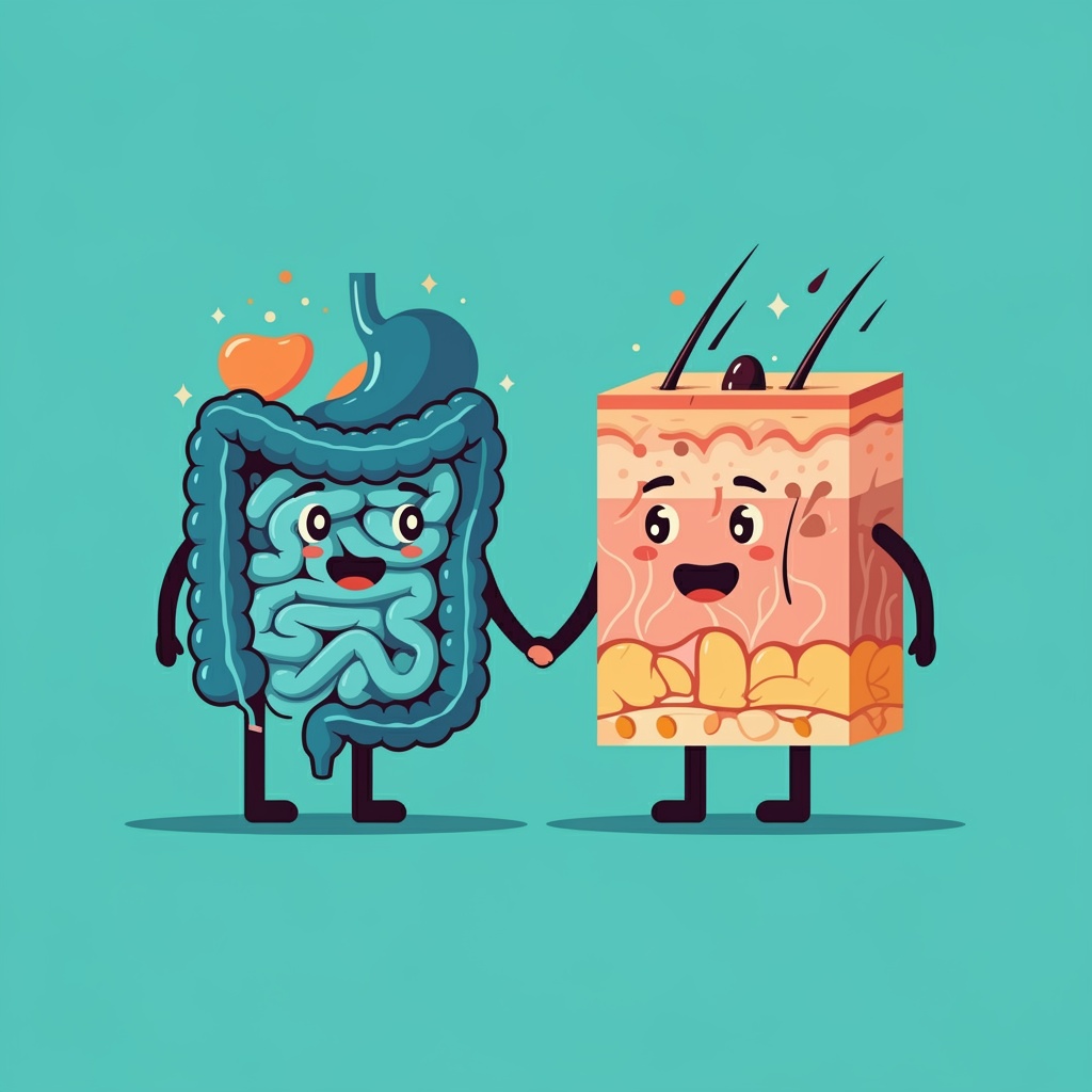 Illustratie van darmen en huid hand in hand: holistische aanpak bij acne