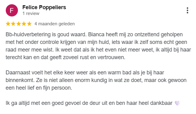 Review van een klant over de acnebehandeling bij BB-Huidverbetering in Haarlem